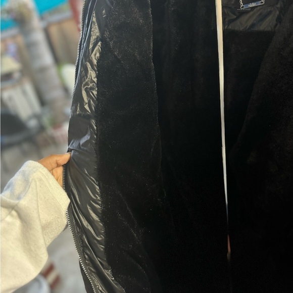 LA Coalition black puff jacket womens L long hood FAUX Fur Collar Winter Coat - Picture 7 of 10